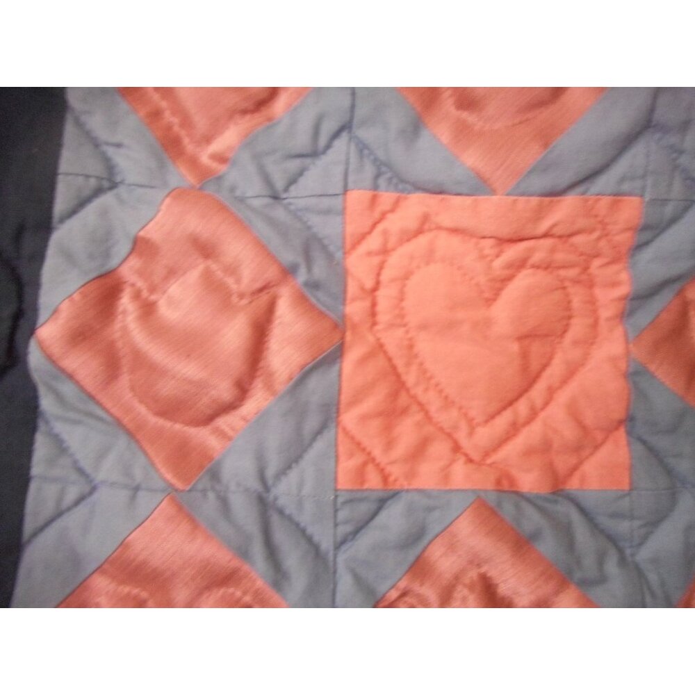 Vtg Handmade Quilted Amish Hearts Tulip Pattern wall hanging Blue 20 X 20 - Picture 2 of 5